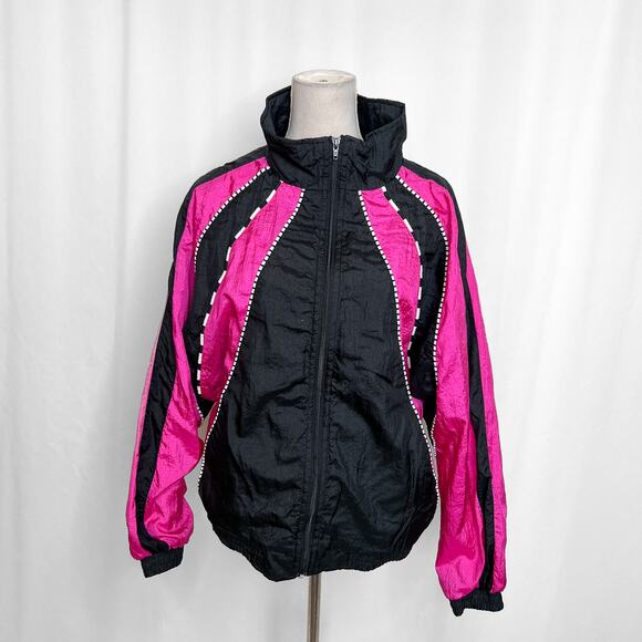 Bocoo Vintage 90s Windbreaker Jacket Black Pink Striped High Neck Zip Up Retro - Picture 2 of 9